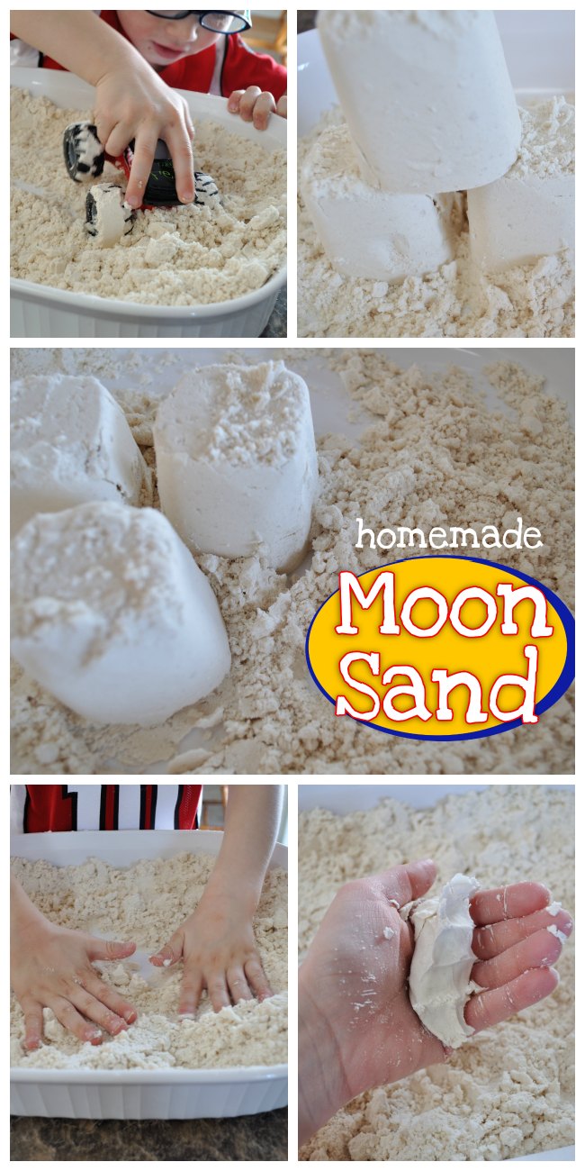 Perfect rainy day kid craft! This DIY homemade moon sand recipe only takes 2 ingredients that you already have on hand. My toddler will be entertained with moonsand for hours!