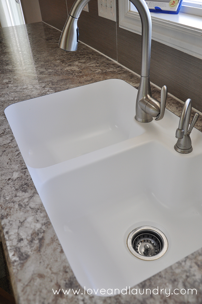 Why we love our custom laminate countertops. We were even able to get a seamless under mount sink!
