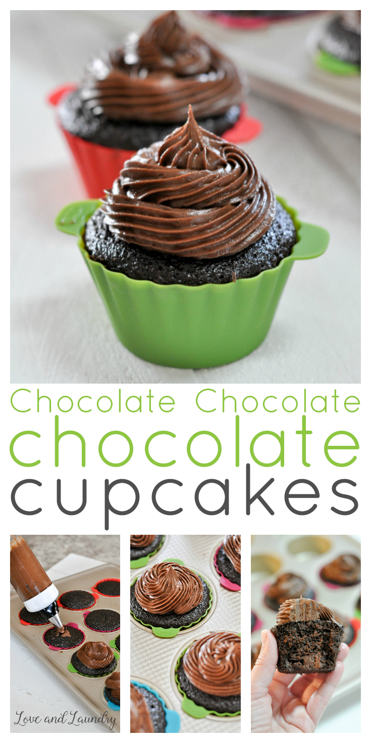 If you are a chocolate lover like me, you'll love these chocolate cupcakes! I bake them for all my kids birthdays. This recipe is for chocolate cake, filled with creamy chocolate ganache, and has a fudgy chocolate frosting and is really easy to bake from scratch! 